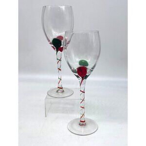 Handcrafted Artisan Blown Glass Wine Glass Pair With Red & Green Accents